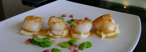 Scallops With Salt Cod Puree, Broad Beans, Pancetta And Sherry Sauce